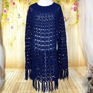 VINTAGE Hand Made Blue Knitted Shawl with Fringe